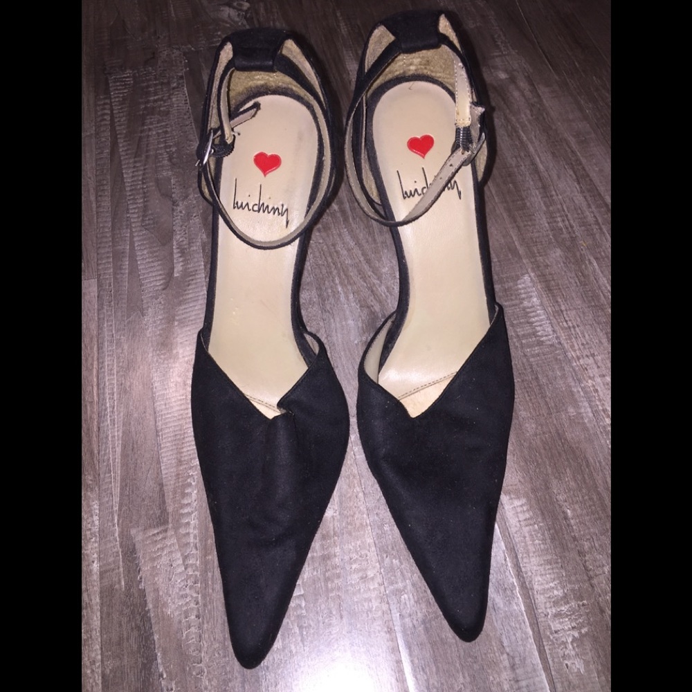 Luichiny Black Suede Pumps w/Ankle Straps+Buckle